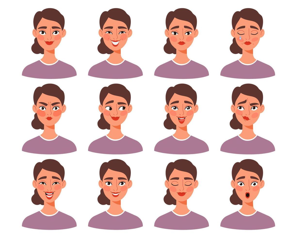 Set of female facial expressions. Woman showing different emotions. Perfect for emotional intelligence, psychology, education, animation, and character design projects vector