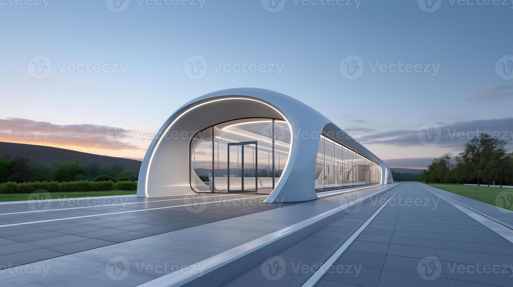 Sleek minimalist structure illuminated at twilight in mountain setting photo