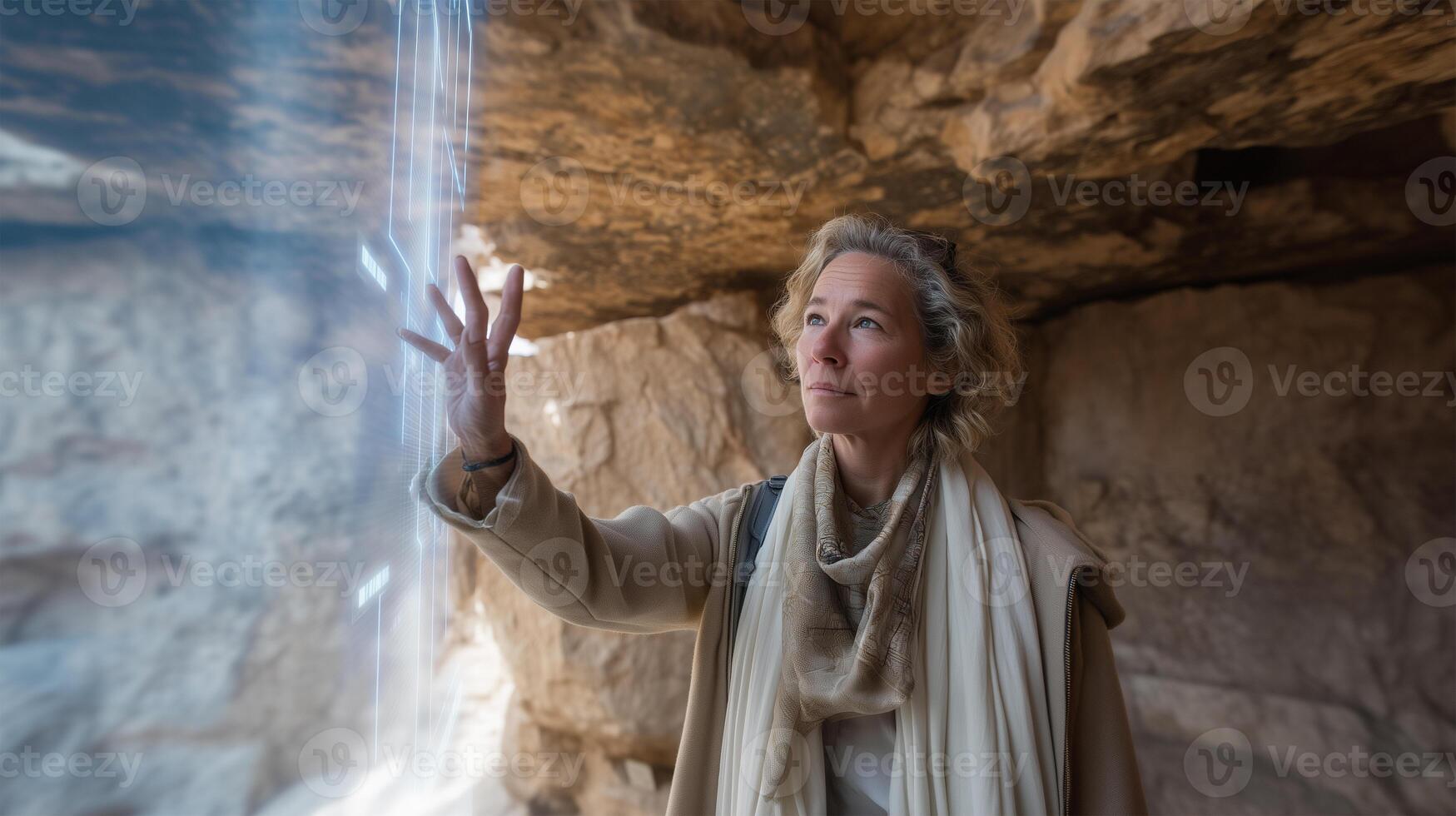 Woman interacting with digital interface in ancient cave photo