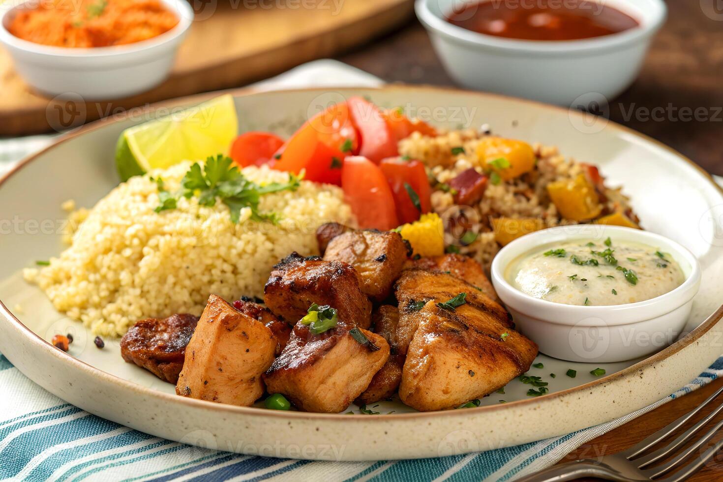 Delicious grilled chicken with couscous and vegetables plate with side sauces presented in a stylish composition photo