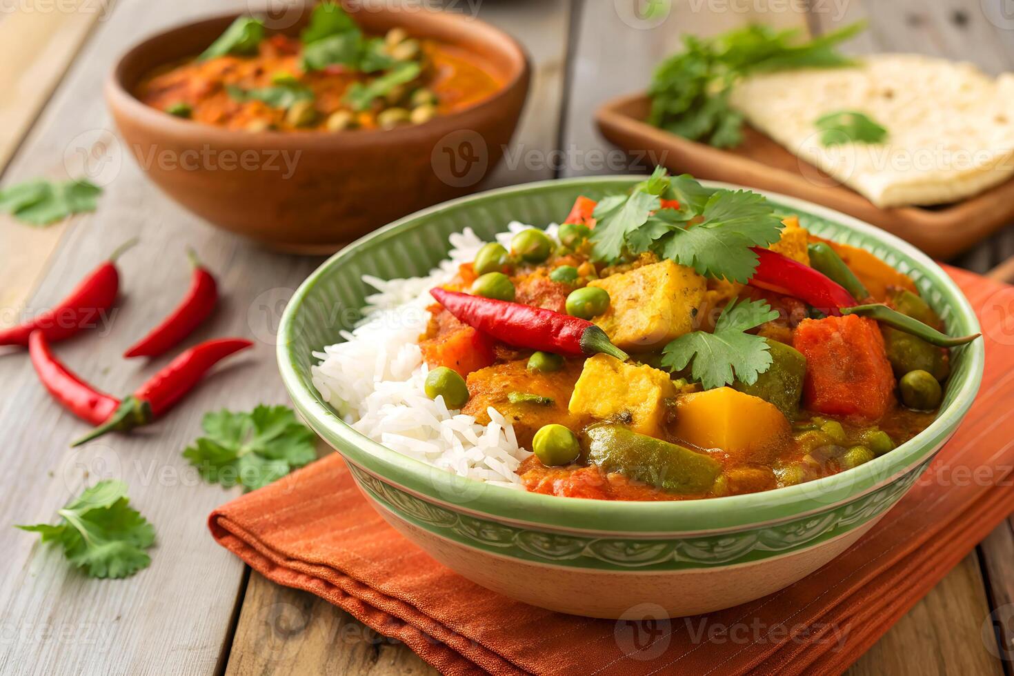 Delicious indian cuisine with rice and curry with red chilies and herbs presented on wooden table photo