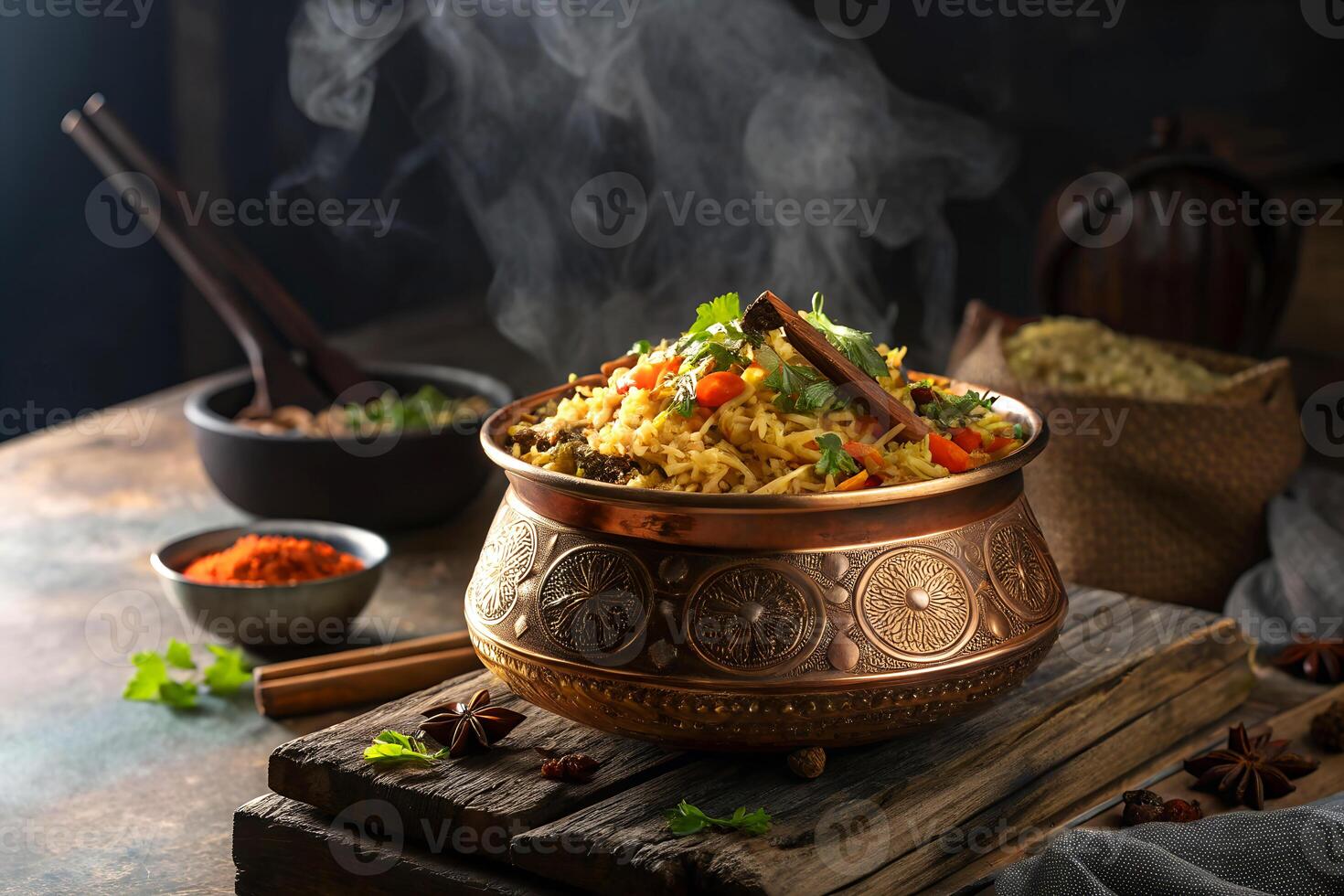 An aromatic indian biryani dish steaming in an ornately designed copper pot displayed on a wooden surface photo