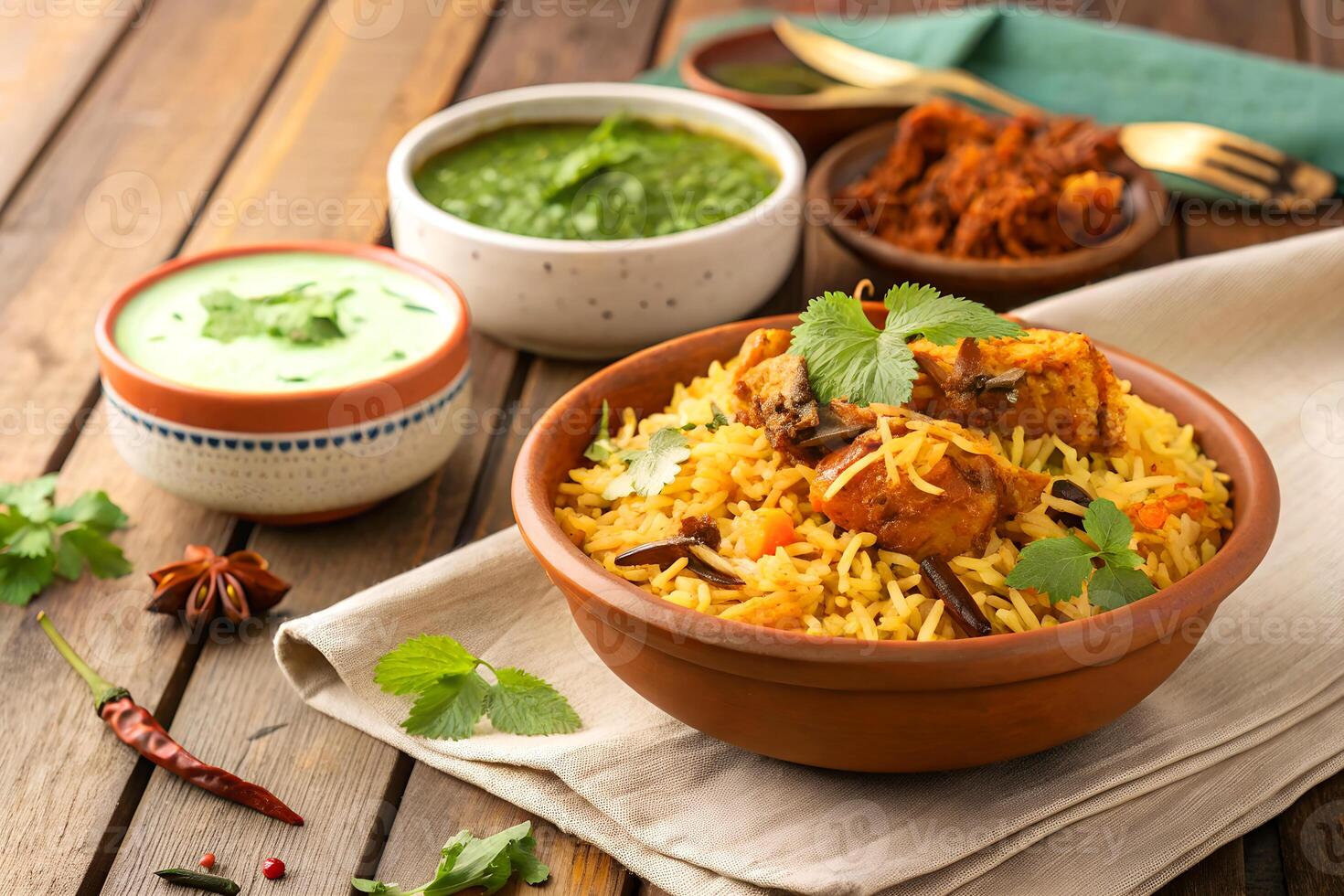 Aromatic chicken biryani served with various condiments on a wooden table showcasing delicious indian cuisine photo