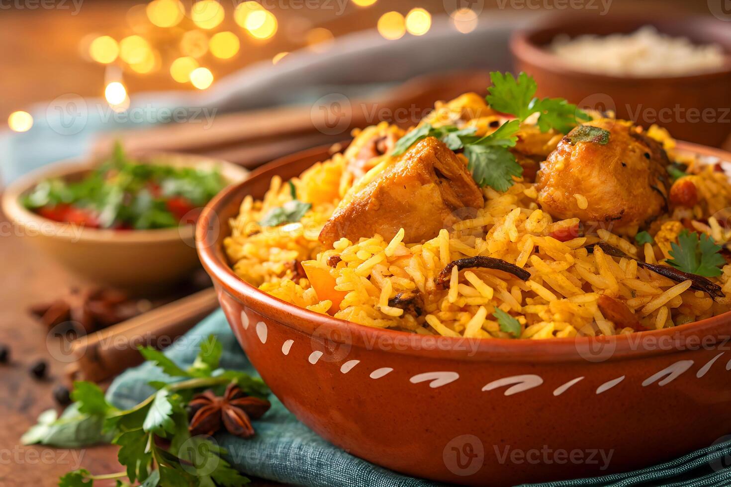 Delicious indian chicken biryani with aromatics and garnishes served in a rustic bowl on a wooden surface photo