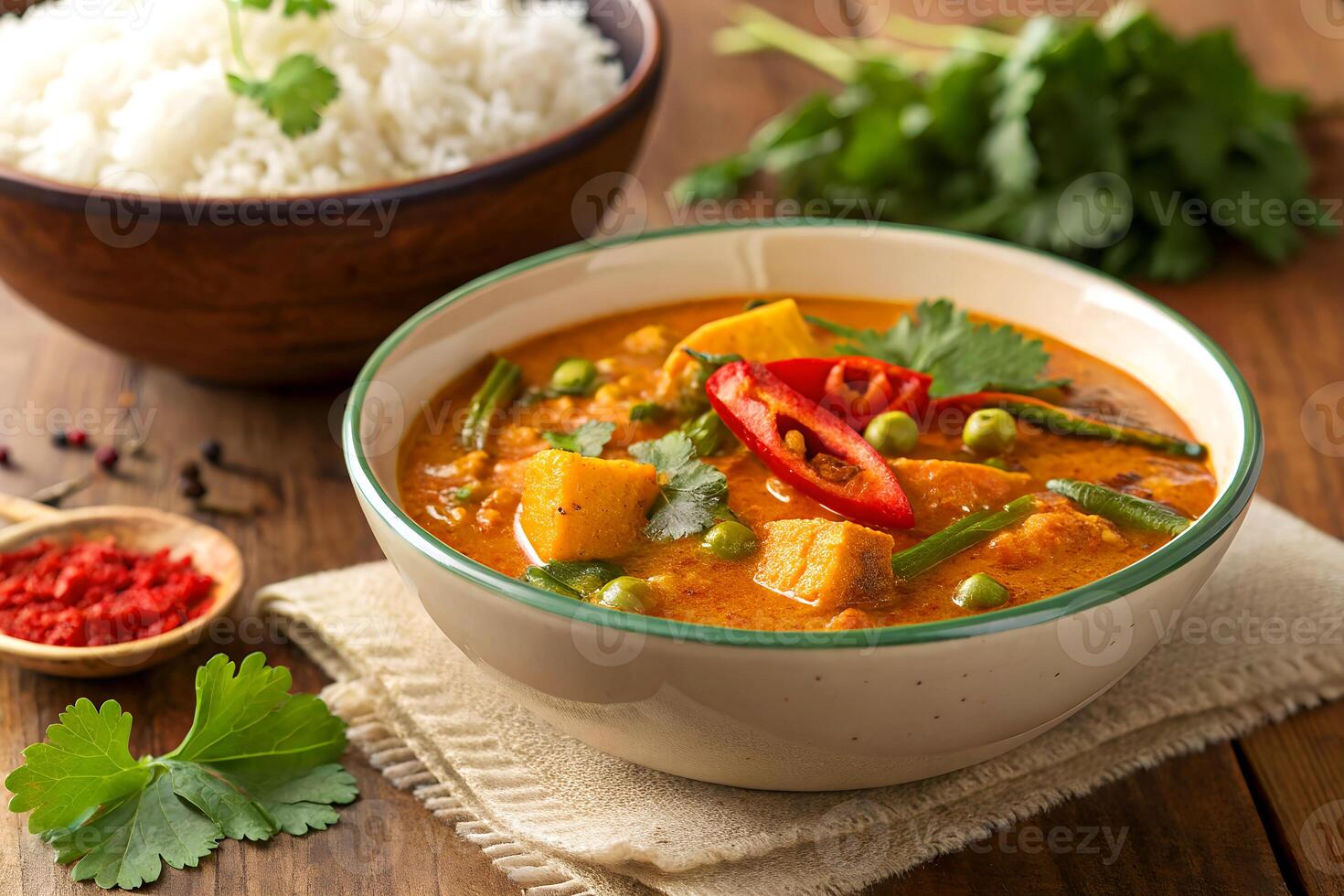 Deliciously spicy indian curry with vegetables and rice served in a ceramic bowl placed on a wooden table photo