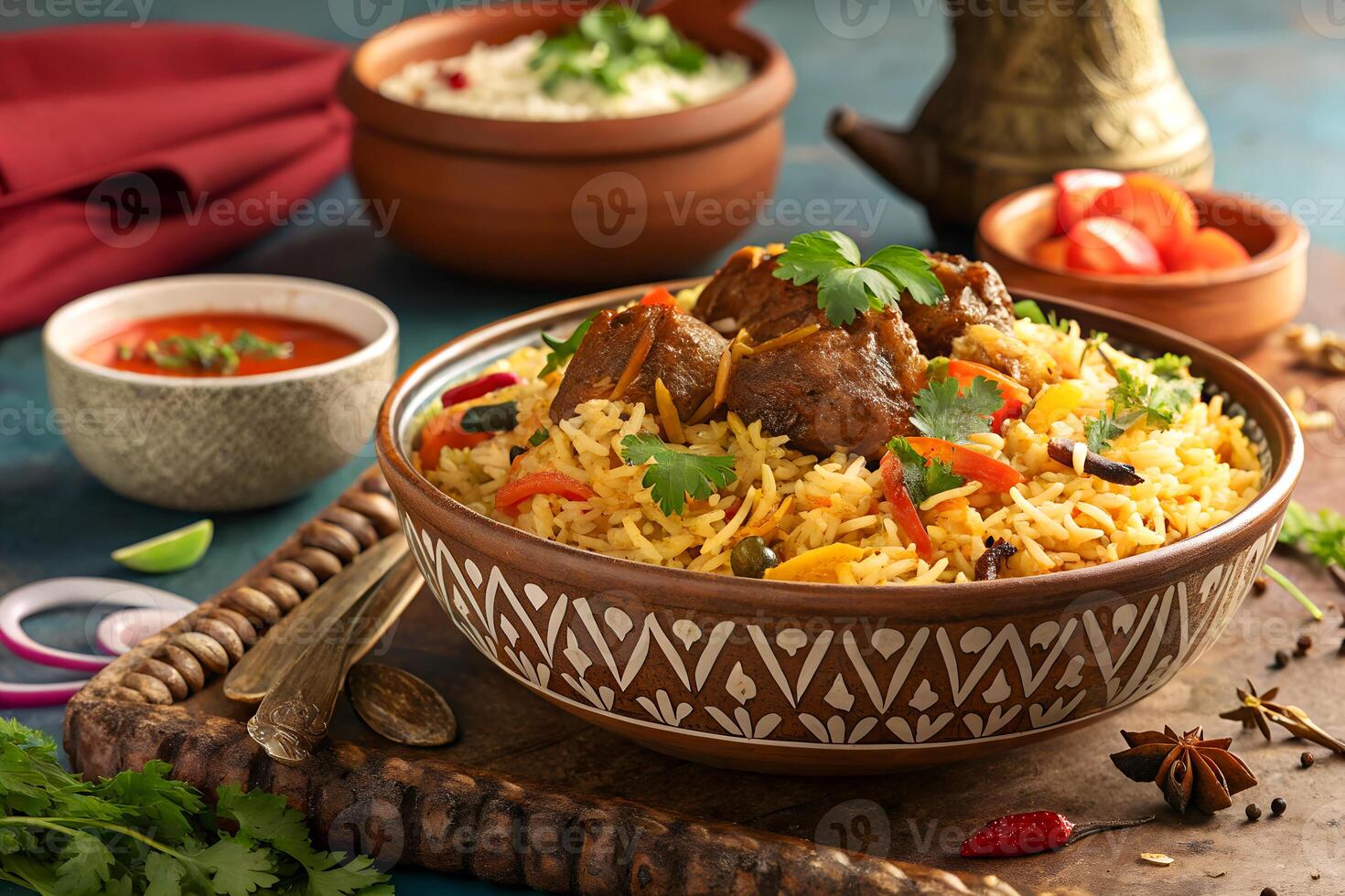 Delicious indian biryani rice with meat served in a decorative bowl with sides in a rustic food photography shot photo
