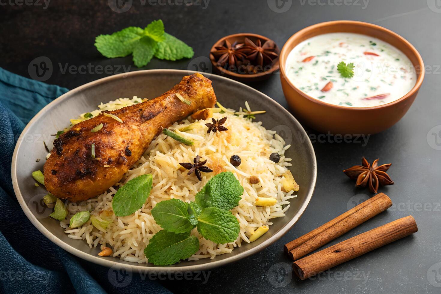 Delicious chicken biryani with raita and spices is a flavorful and aromatic culinary creation on a dark background photo