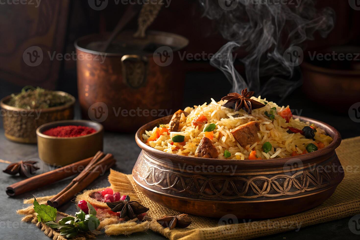 Delicious steaming biryani rice dish served in an ornamented copper bowl with aromatic spices and herbs and ingredients photo