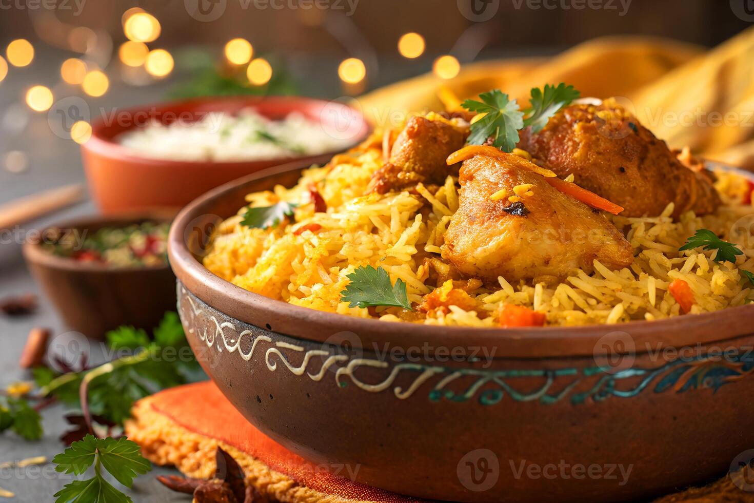 Delicious indian chicken biryani in a brown bowl with side dishes and festive bokeh lights photo