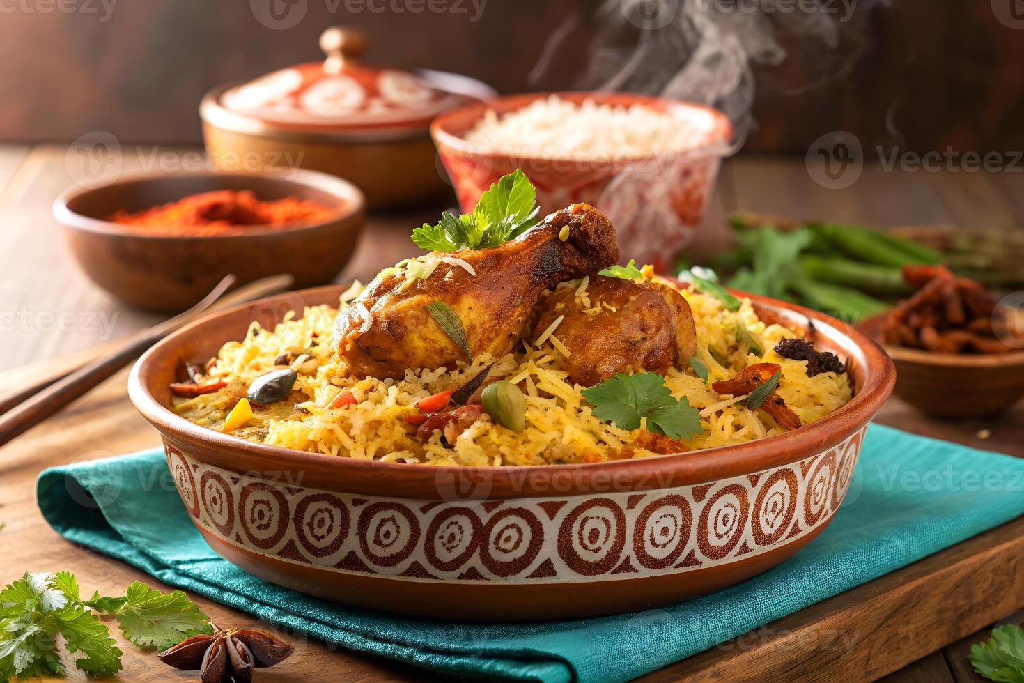 Delicious indian chicken biryani served in a beautiful ceramic bowl with various spices and garnish photo