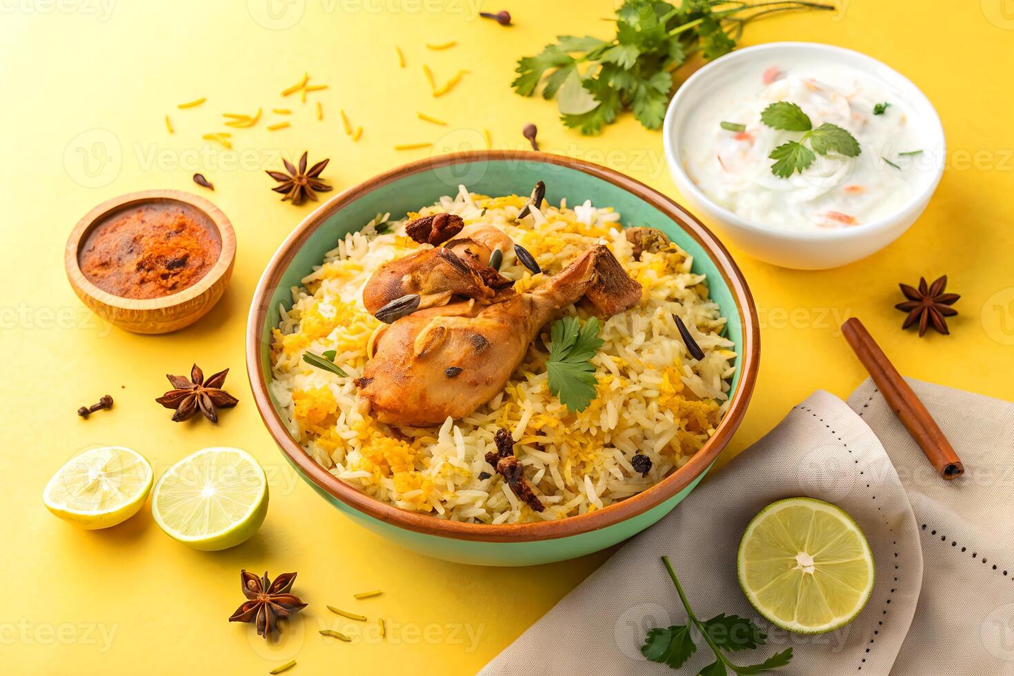 Delicious and aromatic chicken biryani with raita and chutney served in a vibrant yellow background a delightful presentation. photo