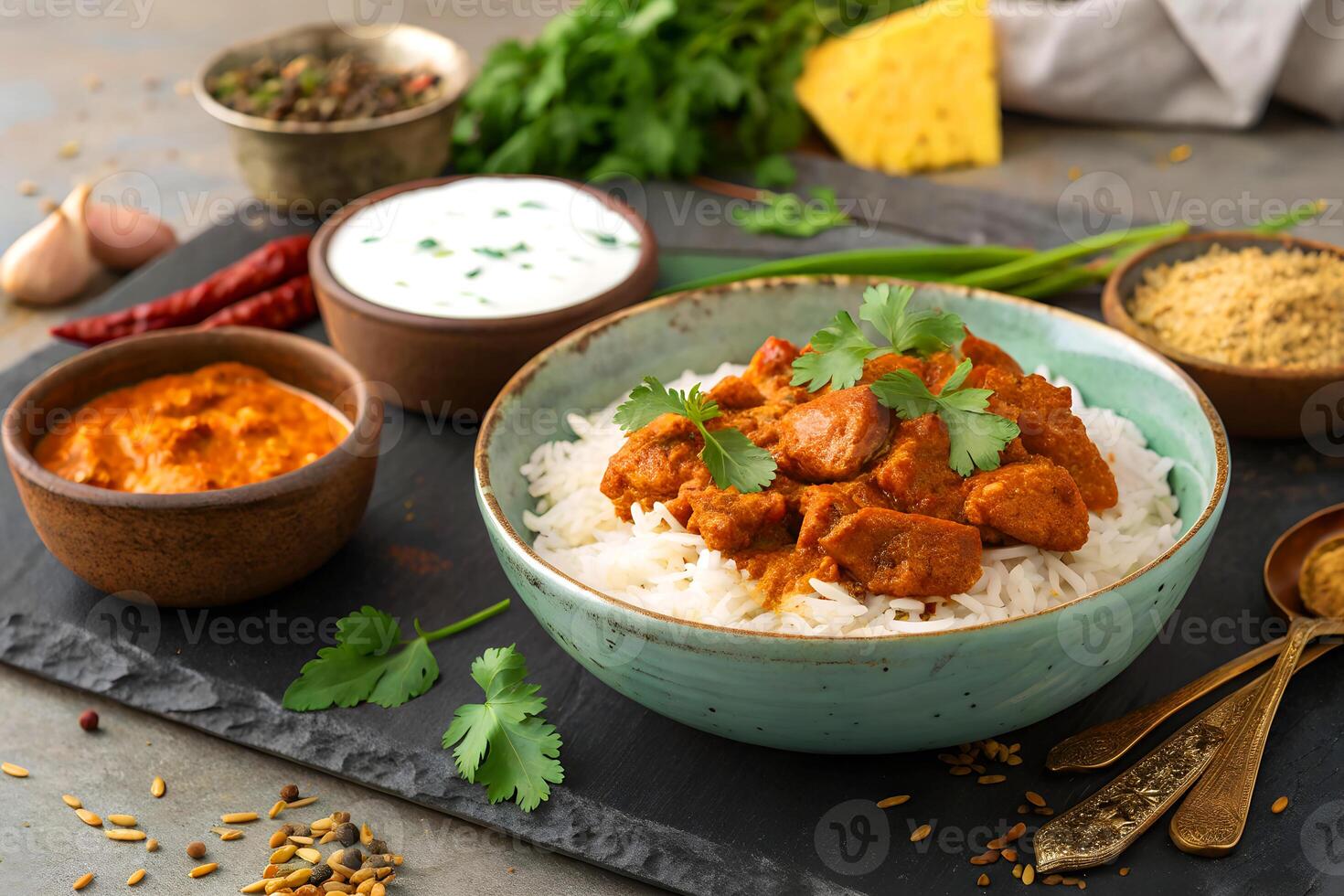 A delicious bowl of chicken tikka masala served with white rice and accompaniments on a dark surface photo