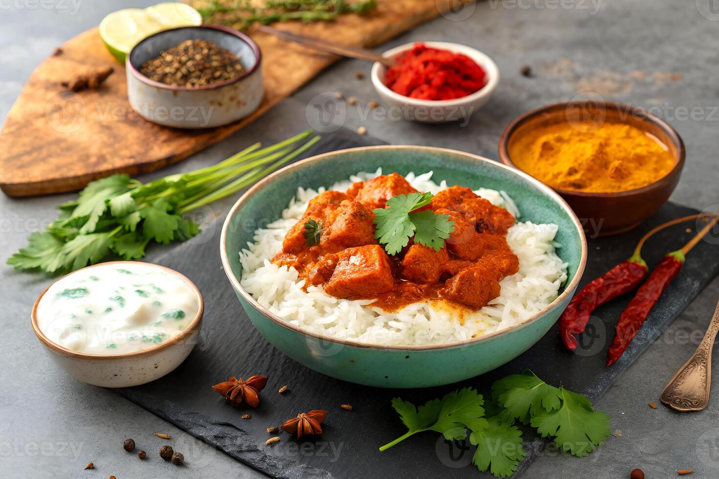 Delicious indian butter chicken served on white rice with fresh herbs and various spices ready to be enjoyed by everyone photo