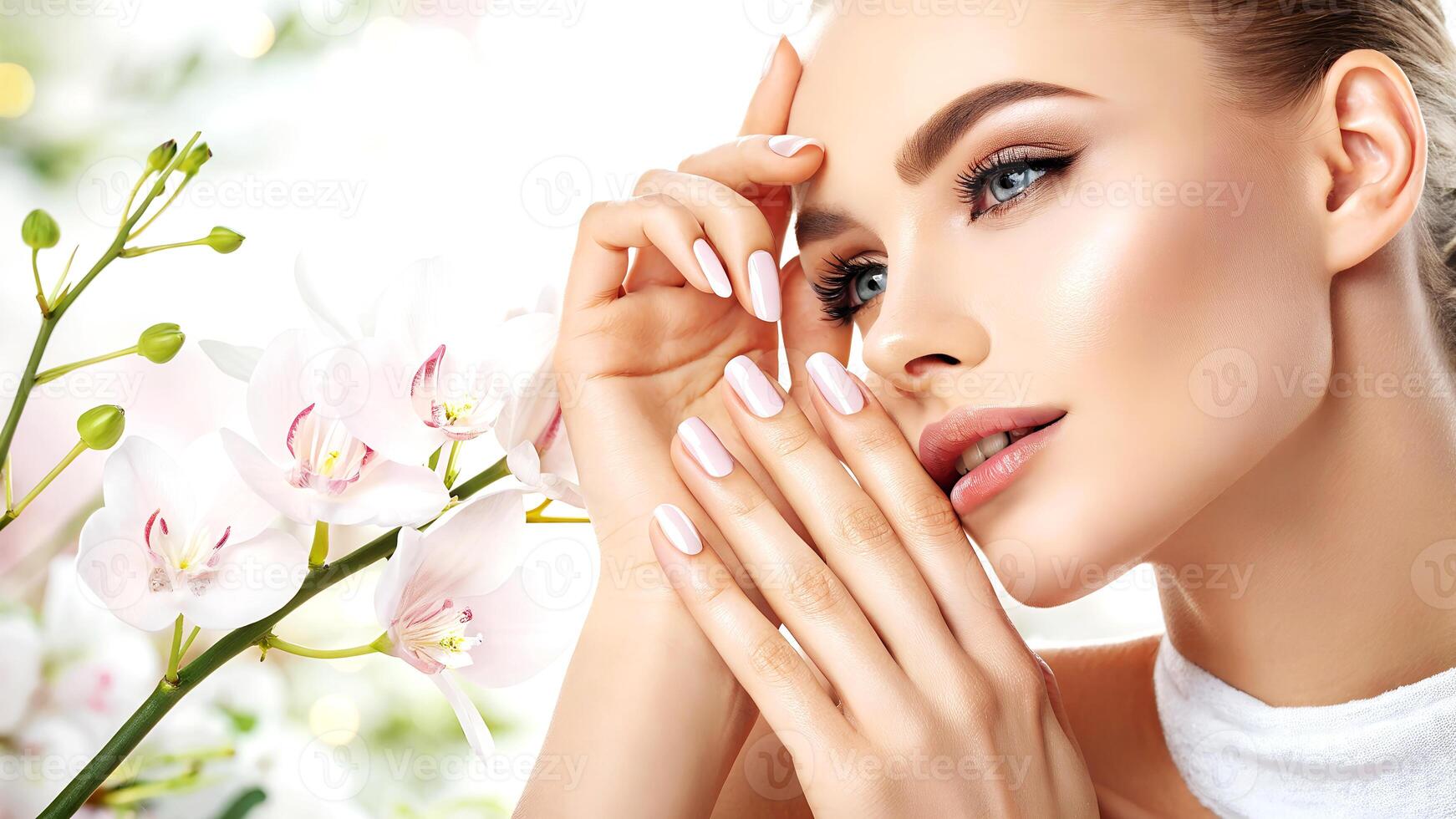 Beautiful woman with flawless skin and elegant manicure poses near delicate white orchids in a spa setting. photo