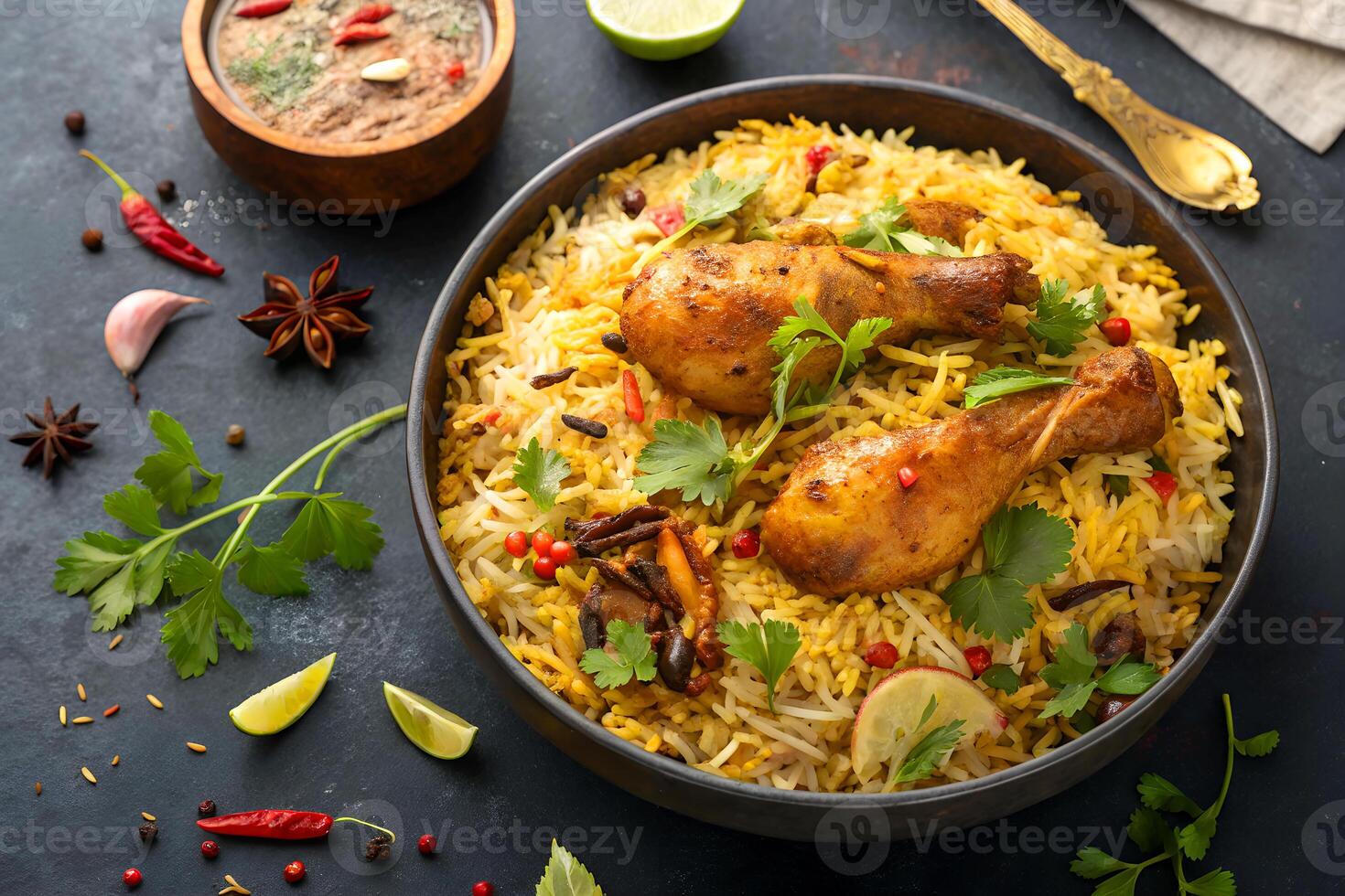 Delicious chicken biryani with herbs and spices arranged on a dark surface culinary photography for food recipes photo