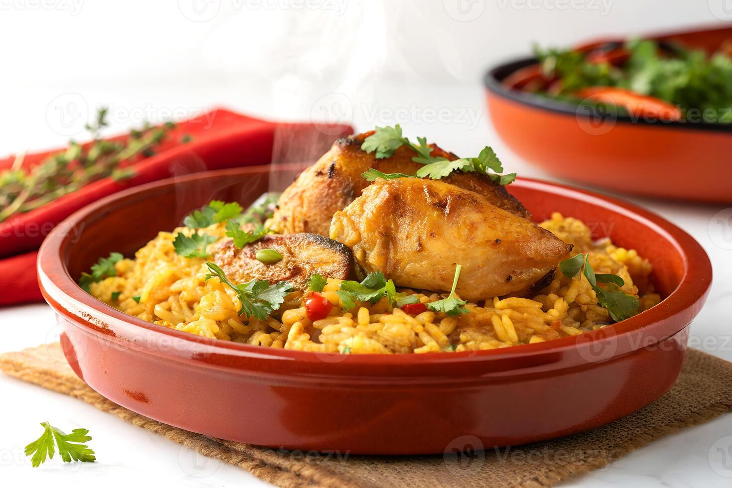 Close up shot of a steaming bowl of spanish paella with chicken garnished with fresh cilantro in a terracotta dish photo