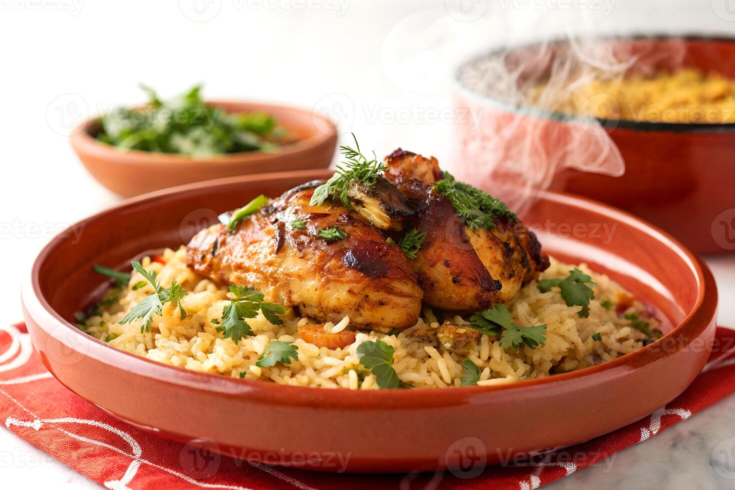Delicious roasted chicken served with rice and herbs in a rustic clay bowl for a tasty meal photo