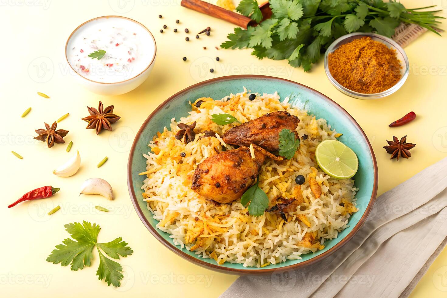 Delicious indian chicken biryani with various spices and accompaniments garnished with fresh herbs and lime photo