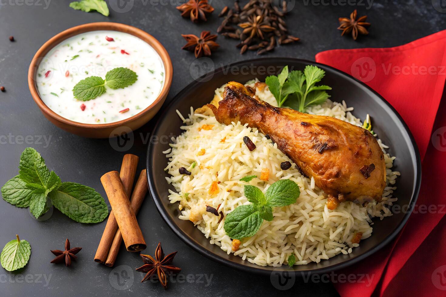 Delicious chicken biryani with mint raita accompanied by cinnamon sticks and star anise spices on dark background photo