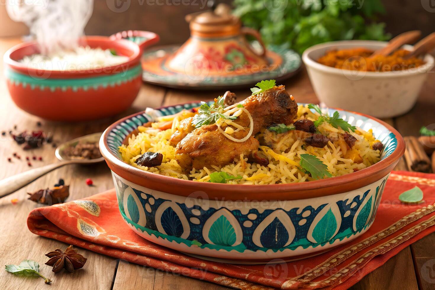 Delicious and aromatic indian chicken biryani presented beautifully in a decorative bowl on a wooden surface photo