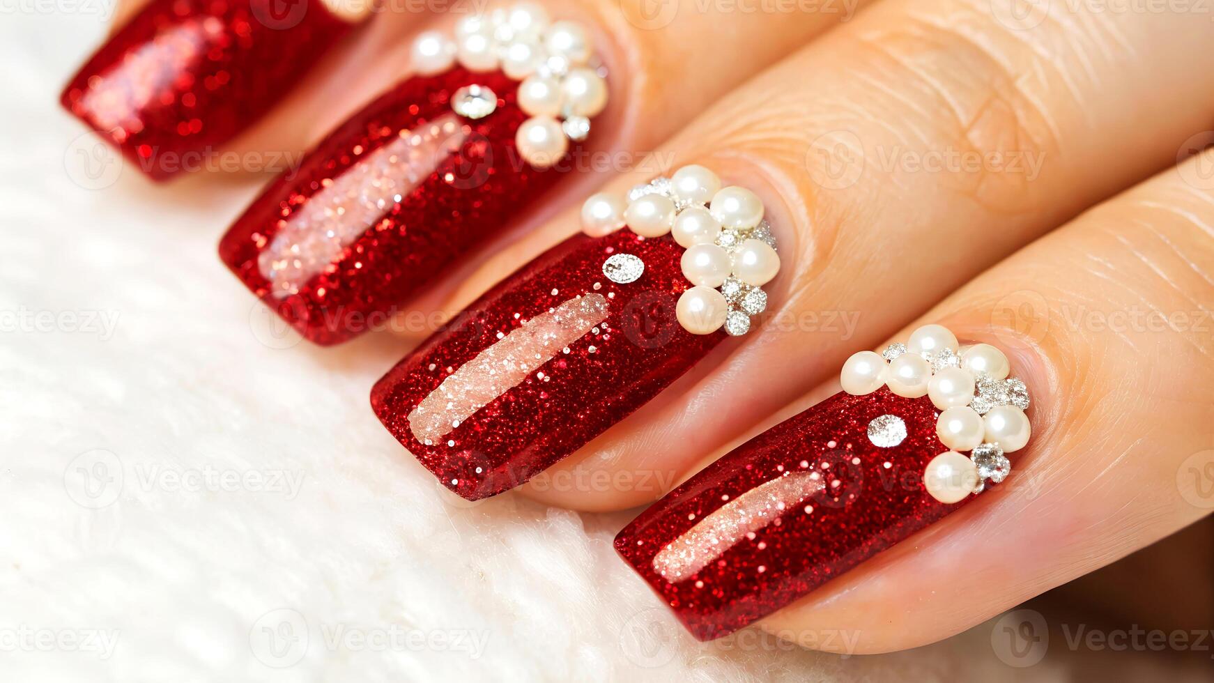Close up view of glamorous red glitter nail art with pearl and gem embellishments on a woman's hand showcasing a festive design. photo