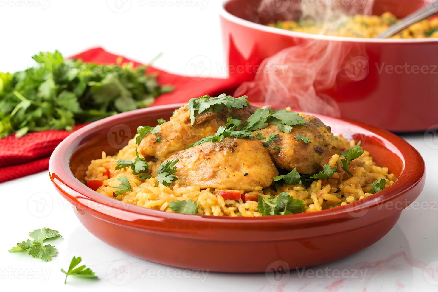 Delicious chicken and rice dish garnished with fresh cilantro in a warm red bowl ready to eat photo
