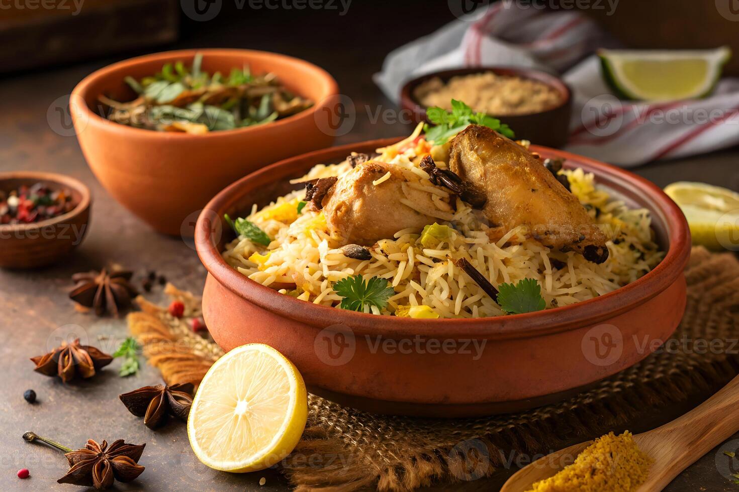 Delicious and aromatic indian chicken biryani served in terracotta bowls with flavorful spices and fresh lemon garnishes photo