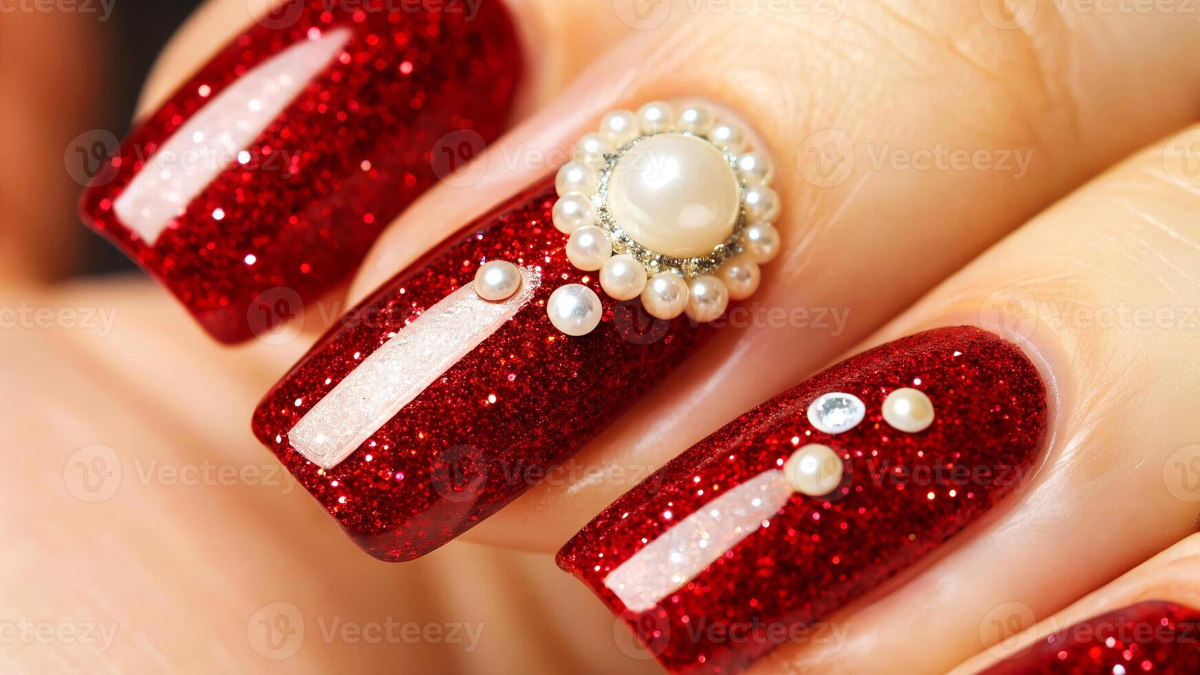 Luxurious red glitter nail art featuring pearls and gems perfect for special occasions and adding glamour to fashion photo
