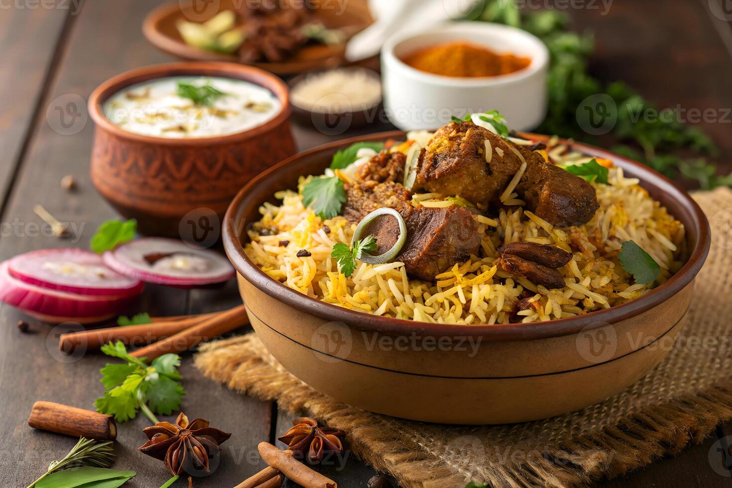 Delicious and flavorful indian biryani cuisine served in a rustic bowl with accompaniments on a wooden table photo