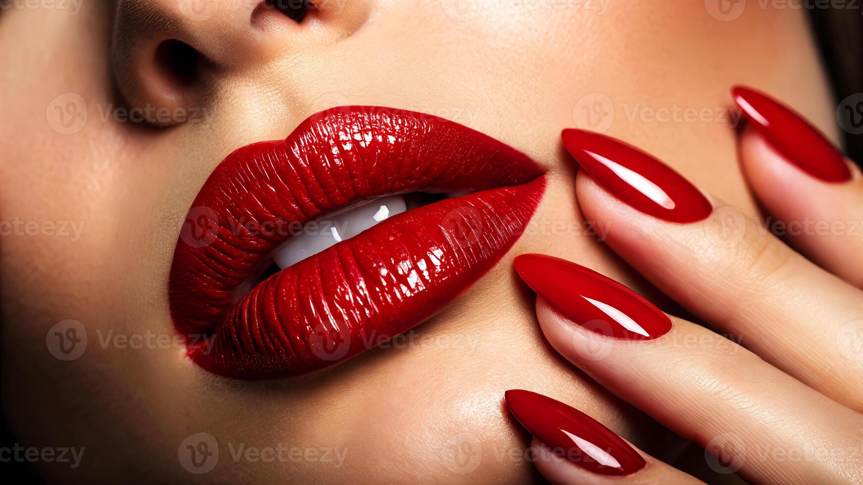 Sensual close up of a woman's face with vibrant red lips and matching long polished fingernails showcasing beauty and elegance photo