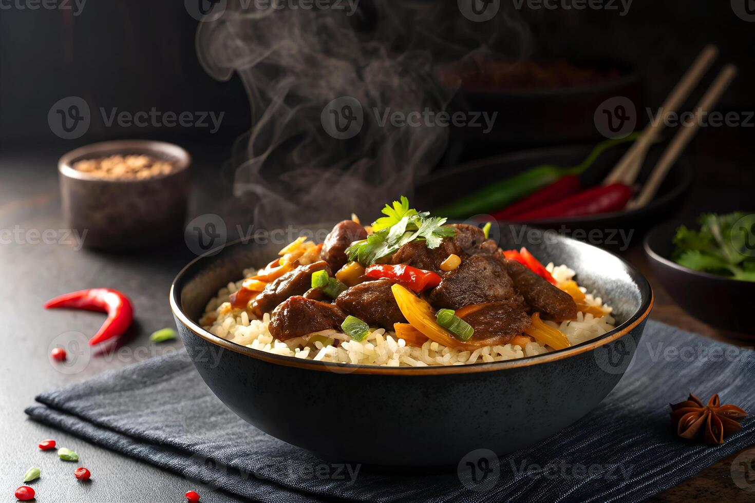 Delicious bowl of flavorful beef stir fry served over fluffy rice and fresh vegetables is steaming photo
