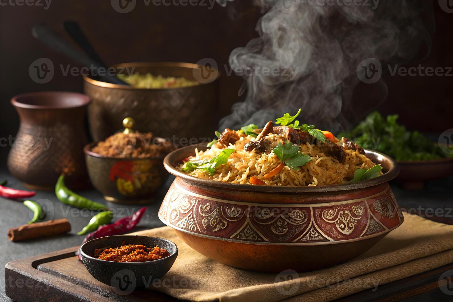 Delicious and steaming indian biryani garnished with fresh herbs served in an ornate traditional bowl on a rustic table photo