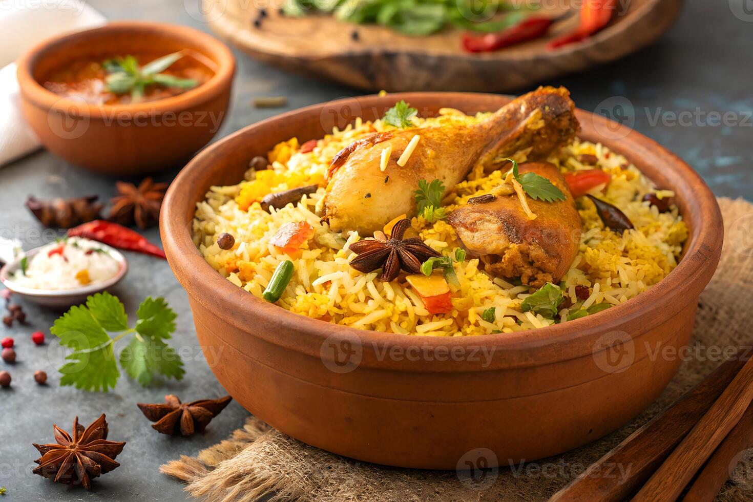 Delicious and authentic chicken biryani garnished with spices and served in a clay bowl ready to eat photo