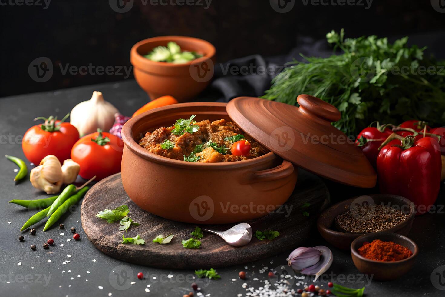 Delicious indian curry in clay pot surrounded by fresh vegetables on dark rustic background photo
