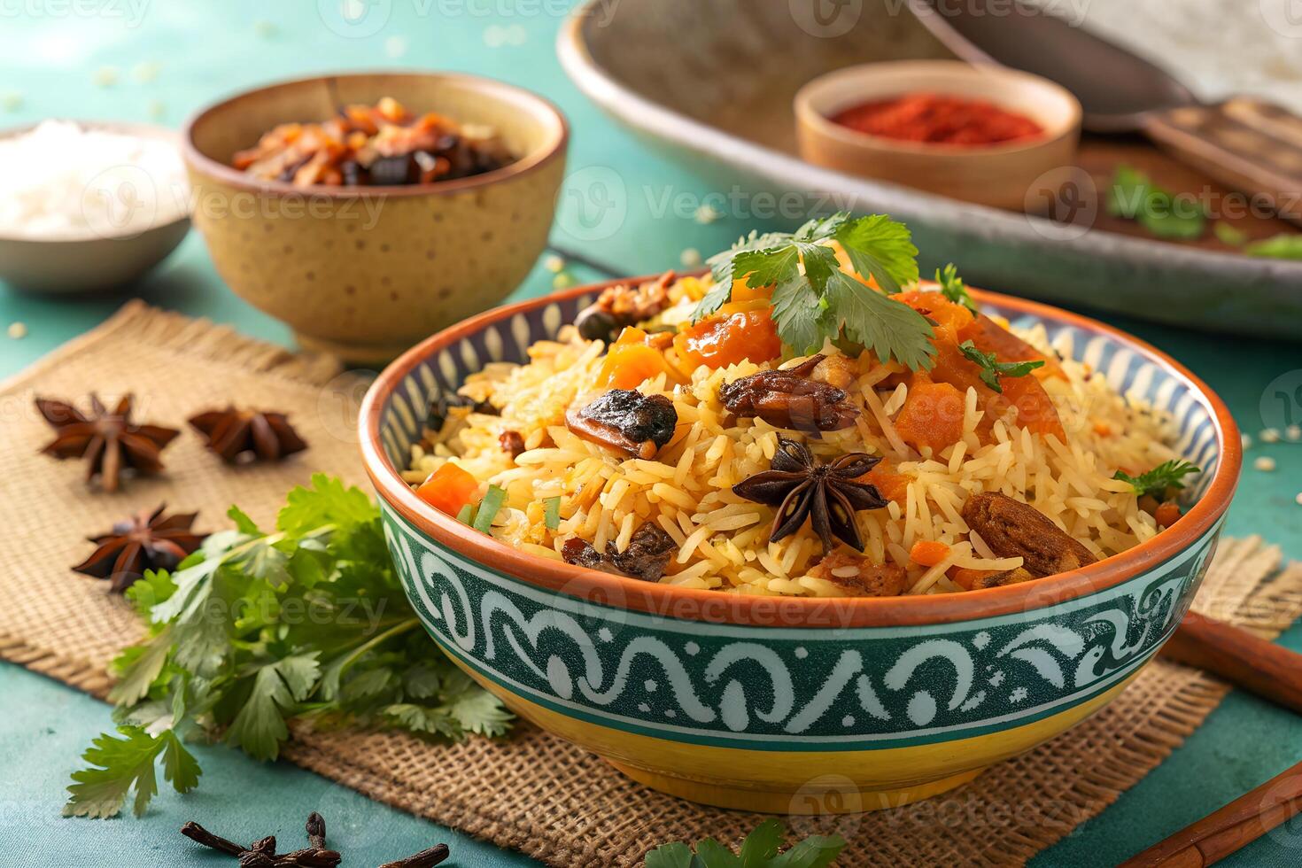 A visually appealing close up of aromatic and flavorful indian biryani rice with multiple sides and garnishes photo