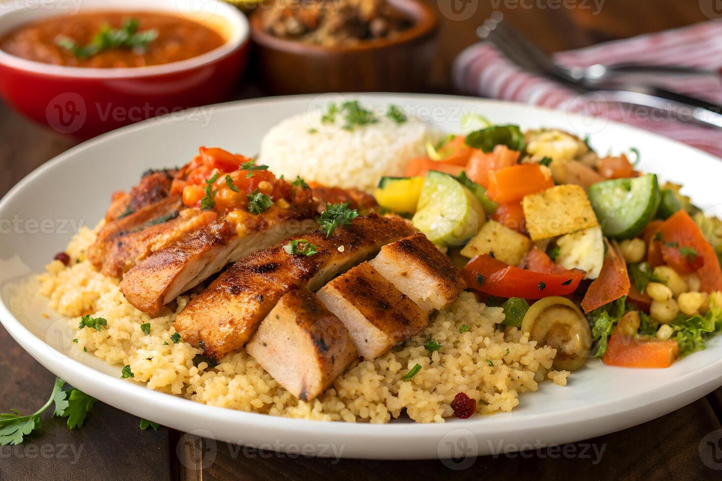 Delicious grilled chicken with couscous and fresh salad on a plate ready to serve for dinner or lunch photo