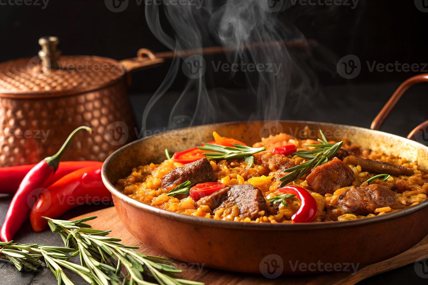 A delicious spanish paella in a copper pan served with fresh herbs and red chilies on a wooden surface photo