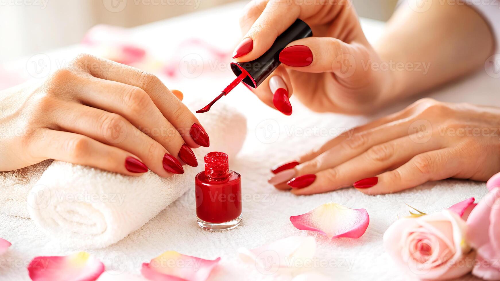 Close up view of female hands with beautiful red nail polish applying cosmetic treatment in a spa setting with petals. photo