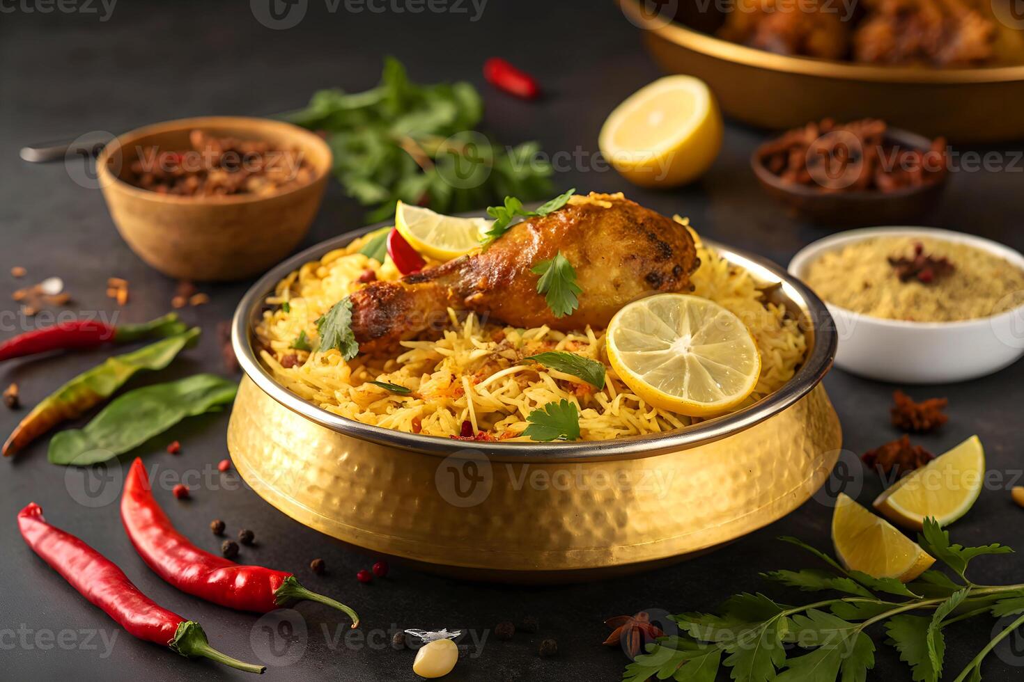 Delicious chicken biryani served in a traditional bowl with lemon slices and garnishes on a dark surface photo