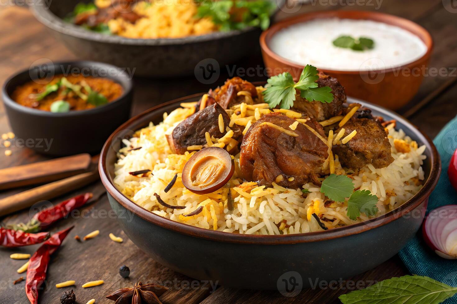 Delicious and aromatic indian lamb biryani served with raita and flavorful accompaniments on a wooden table photo