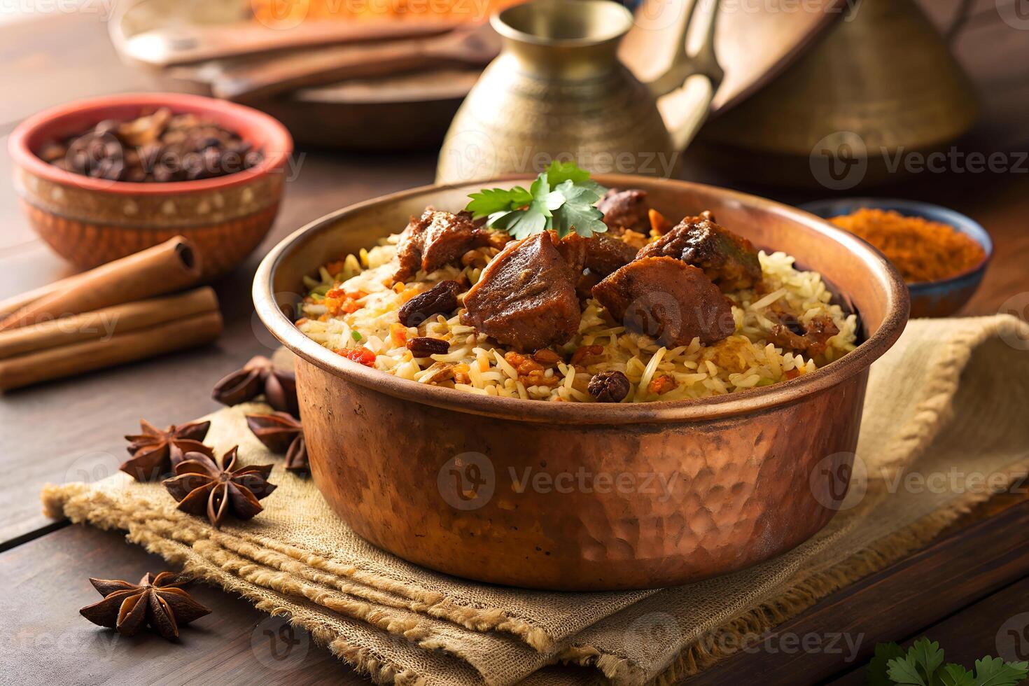 Delicious indian biryani served in a copper bowl garnished with fresh herbs and spices on a wooden table photo