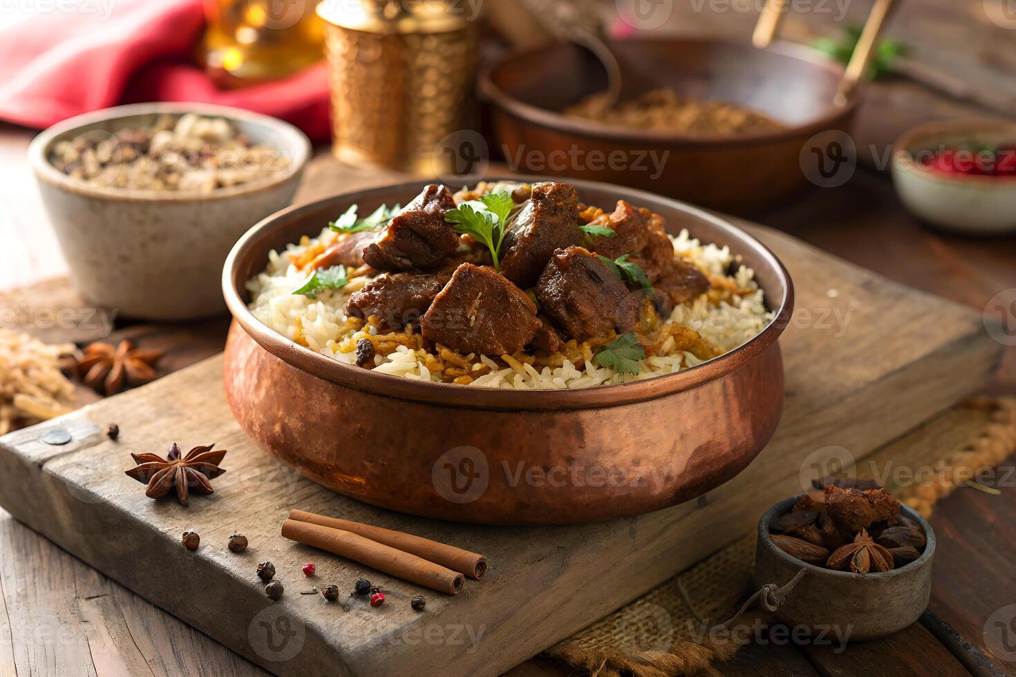 Delicious indian biryani with tender meat and aromatic spices presented on a rustic wooden table photo