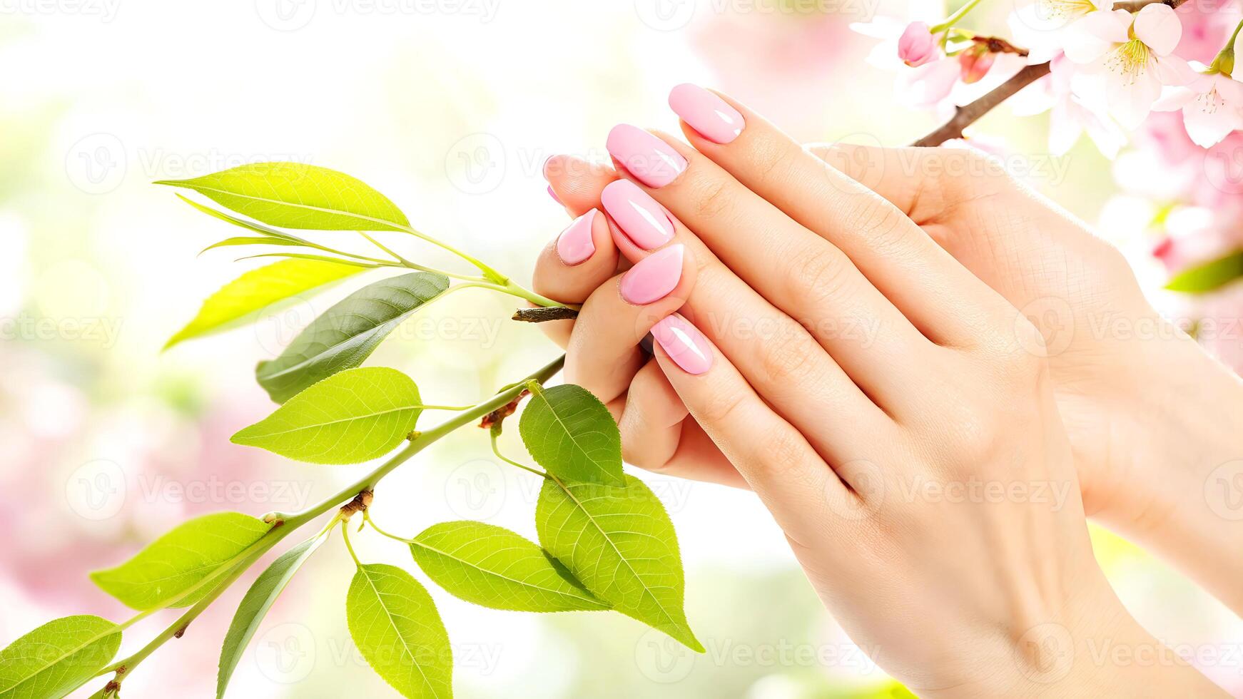 Elegant hands with pink manicured nails gently holding a fresh green leafy branch against a soft blurred background of flowers. photo