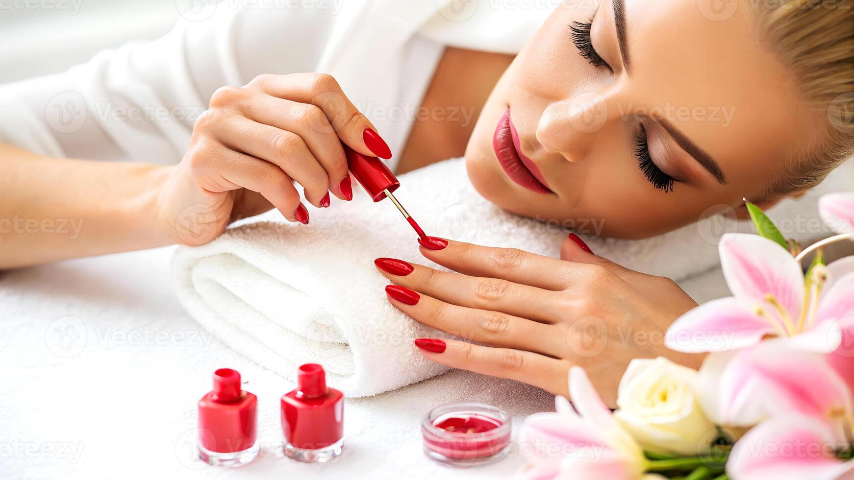 A serene woman gets her nails professionally painted with red nail polish in a spa treatment setting for beauty and relaxation. photo
