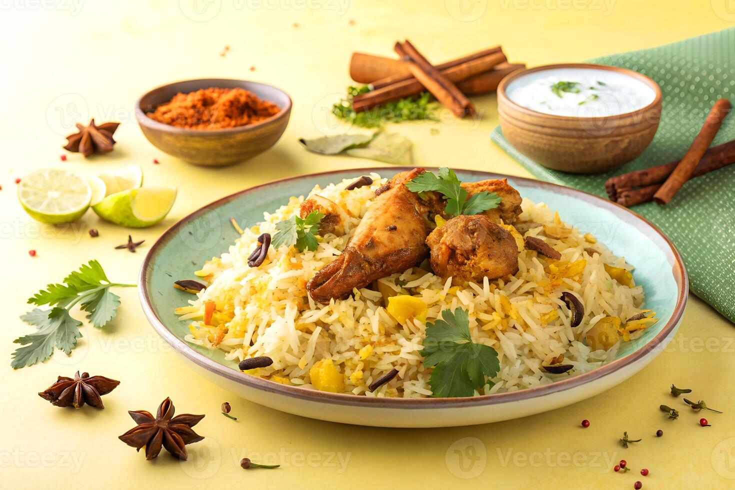 Delicious chicken biryani food platter with spices and yogurt sauce displayed on a yellow surface photo