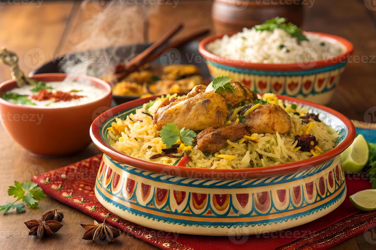 Delicious indian chicken biryani served in a decorative bowl with accompaniments and authentic spices photo