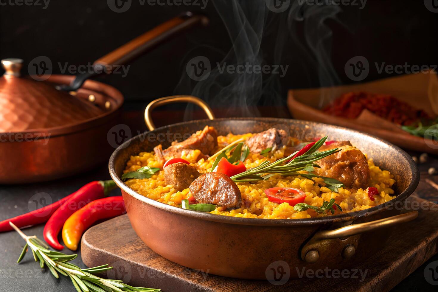 Delicious spanish paella with meat and vegetables in a rustic pan garnished with herbs on a wooden board photo