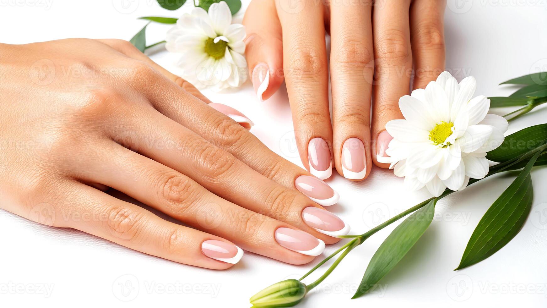 Elegant french manicured hands with white daisy flowers displaying beauty and natural aesthetics on a clean white background photo