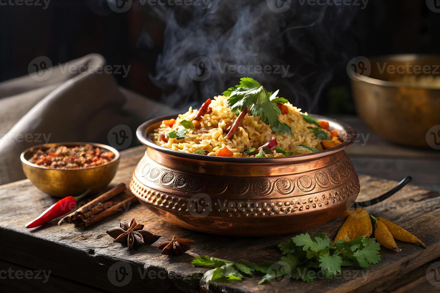Steaming delicious biryani served in a copper pot with spices on a rustic wooden surface for food photography photo