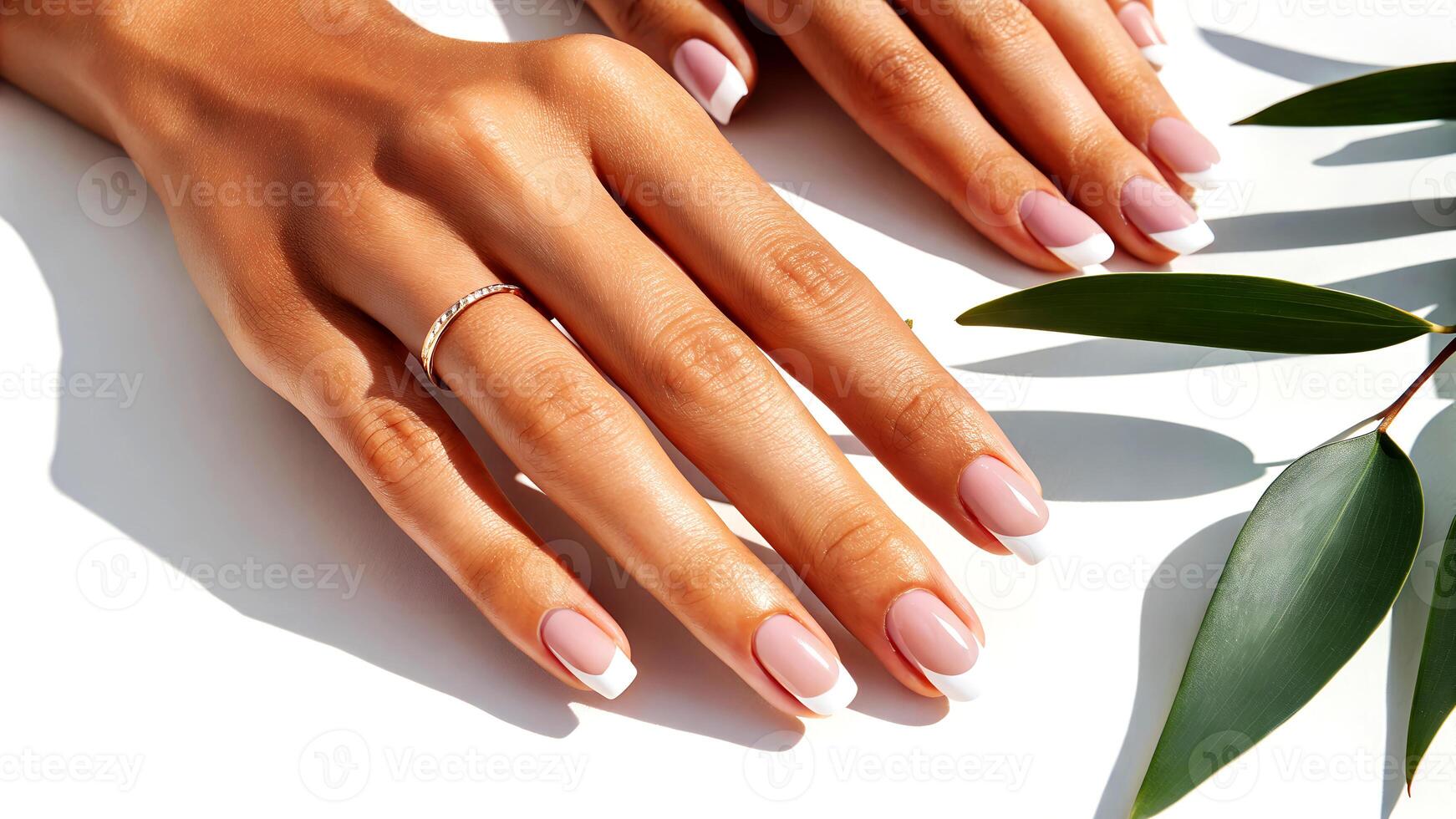 Elegant hands displaying a classic french manicure with a delicate gold ring and natural greenery arrangement photo